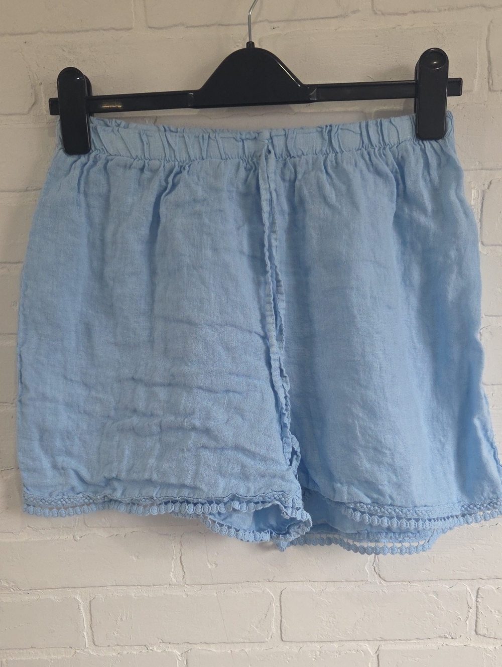 Women's  Light Blue Linen Shorts with Crochet Trim